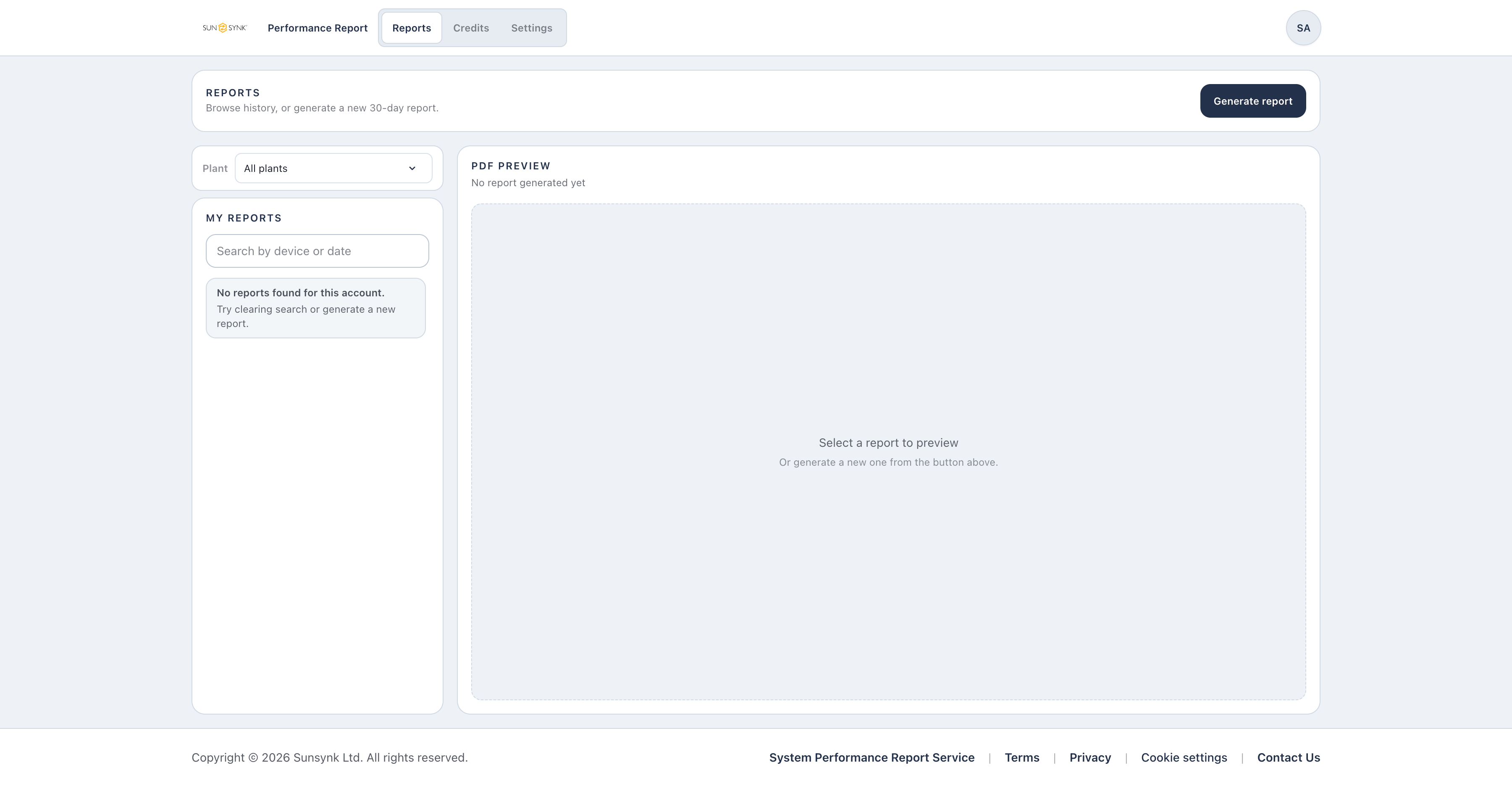 Sunsynk Performance Report workspace: plant filter, report history, and PDF preview